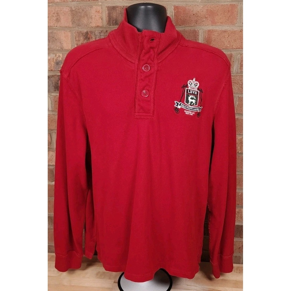 Polo Ralph Lauren 100% Cotton Heavy Henley Red Shirt Sweater Mens XL‎